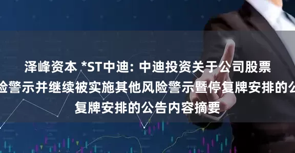 泽峰资本 *ST中迪: 中迪投资关于公司股票撤销退市风险警示并继续被实施其他风险警示暨停复牌安排的公告内容摘要
